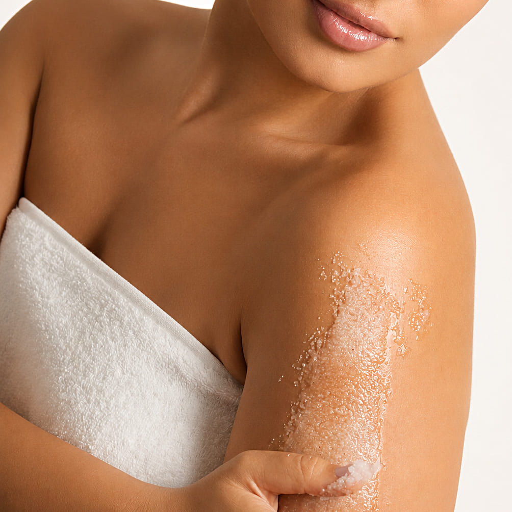 Persoană care aplică exfoliantul de corp Don't Be Shy, Natural Beauty by Laura Baldini, pe umăr