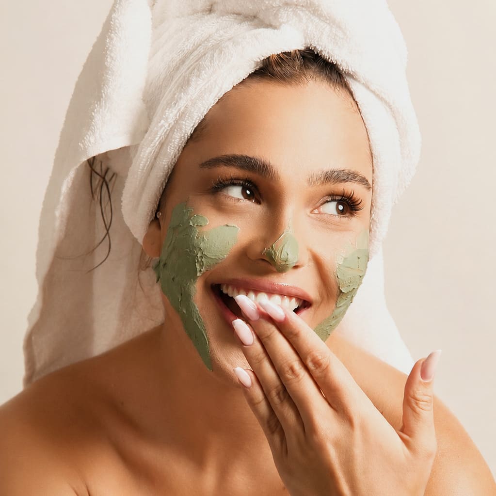 Mască purificatoare cu argilă verde Green Vibes aplicată pe față, Natural Beauty by Laura Baldini