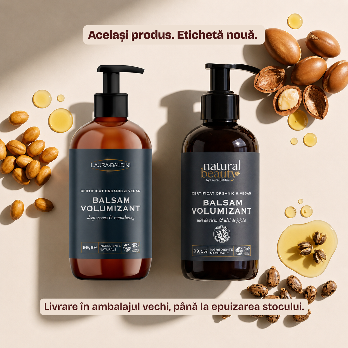 Campania Zero Risipă, balsam volumizant Natural Beauty by Laura Baldini, vechiul și noul design de etichetă alături