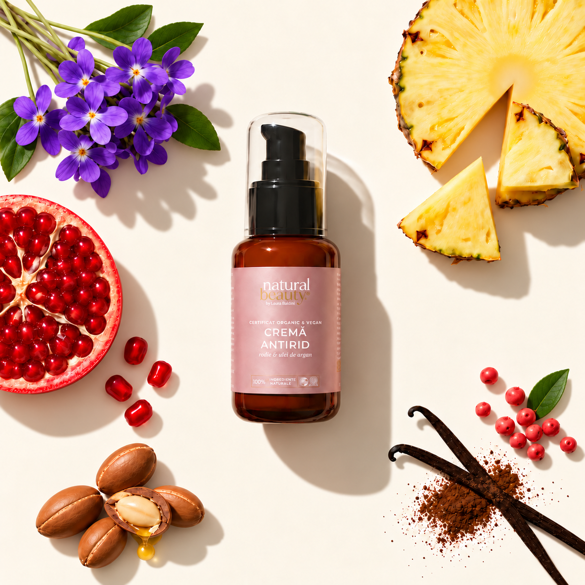 Flaconul Cremei Antirid Natural Beauty by Laura Baldini, încadrat de violete, ananas, piper roz și păstăi de vanilie.