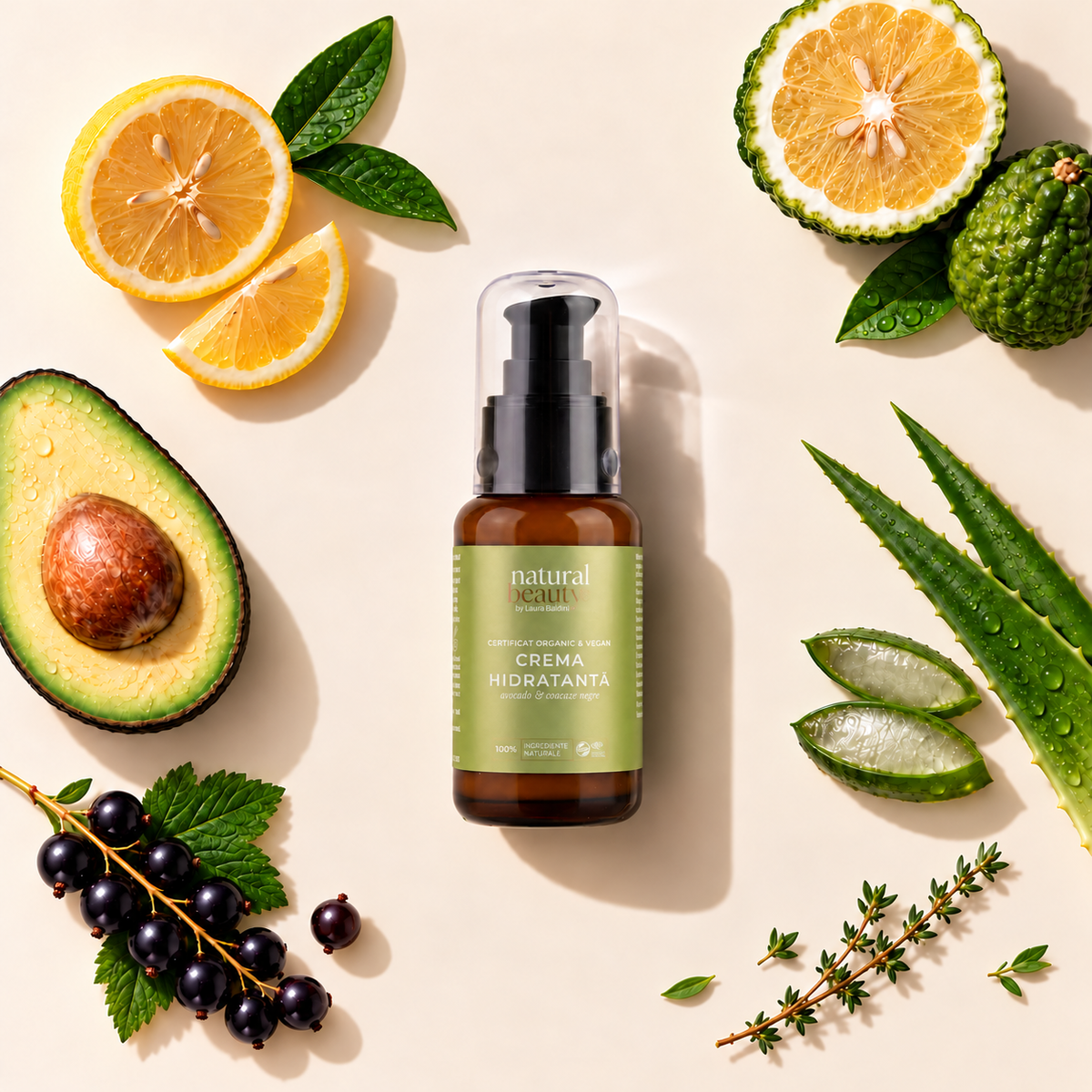 Flaconul Cremei Hidratante Natural Beauty by Laura Baldini, alături de lămâie, citrice și cimbru proaspăt.