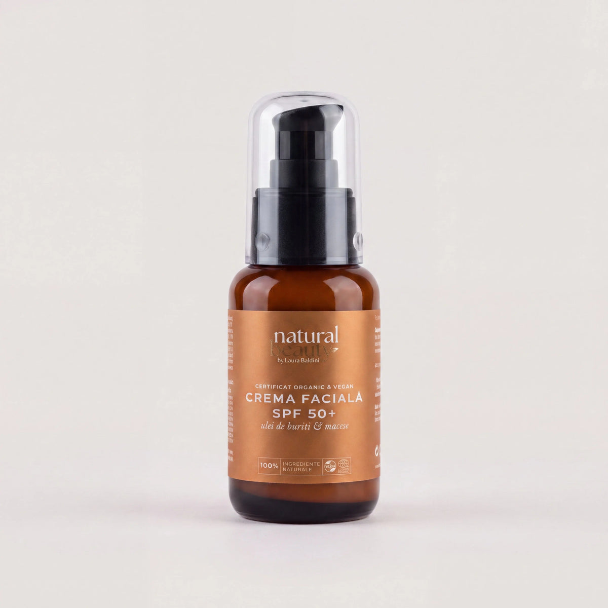 Sticlă cu cremă facială SPF50+ Unforgettable, cu ulei de buriti și măceșe, Natural Beauty by Laura Baldini