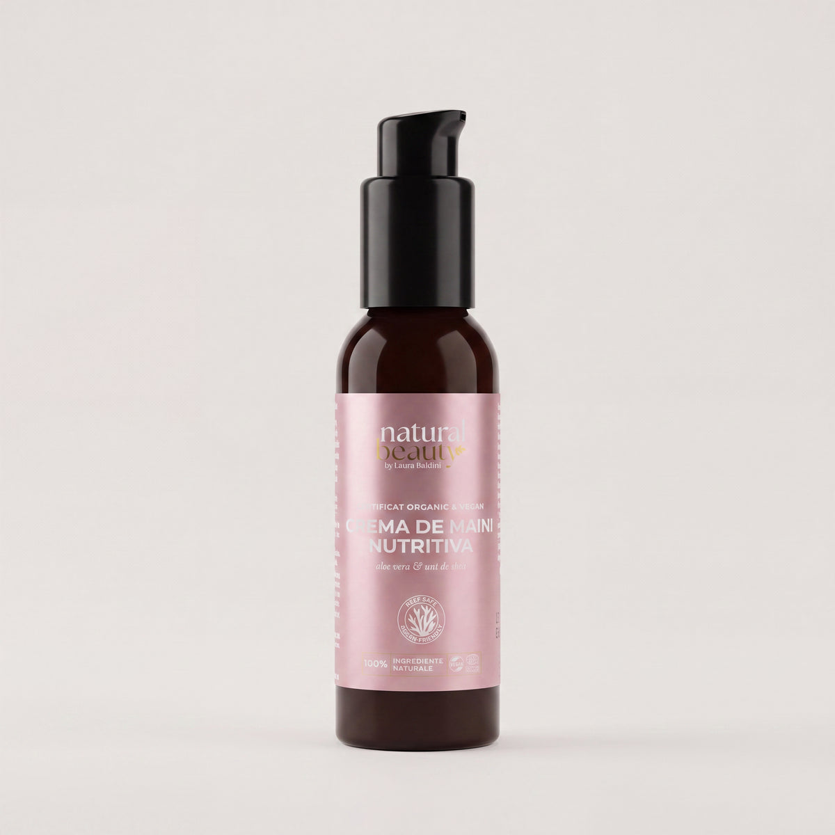 Flaconul Cremei de Mâini Nutritive cu aloe vera și unt de shea, Natural Beauty by Laura Baldini, pe fundal neutru