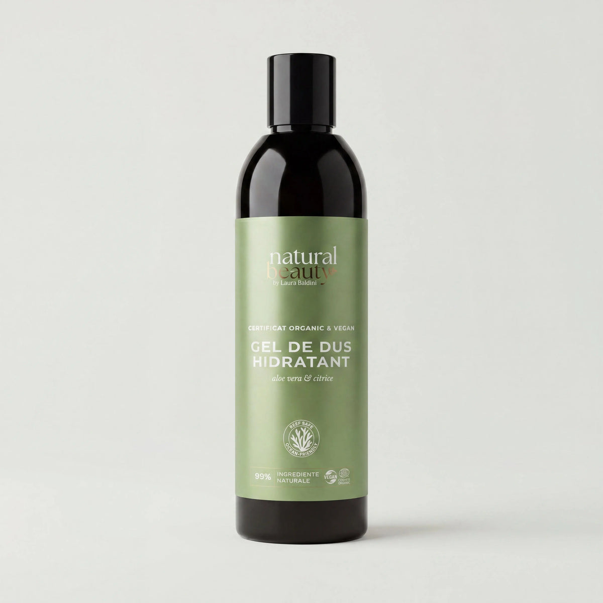 Flaconul Gelului de Duș Hidratant cu aloe vera și citrice, Natural Beauty by Laura Baldini, pe fundal neutru