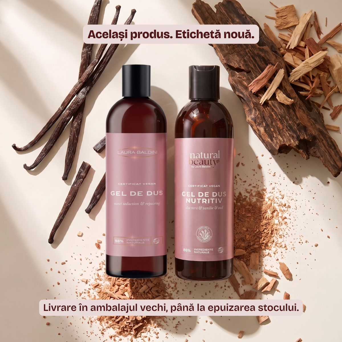 Vechiul și noul design de etichetă pentru Gelul de Duș Natural Beauty by Laura Baldini, campania Zero Risipă