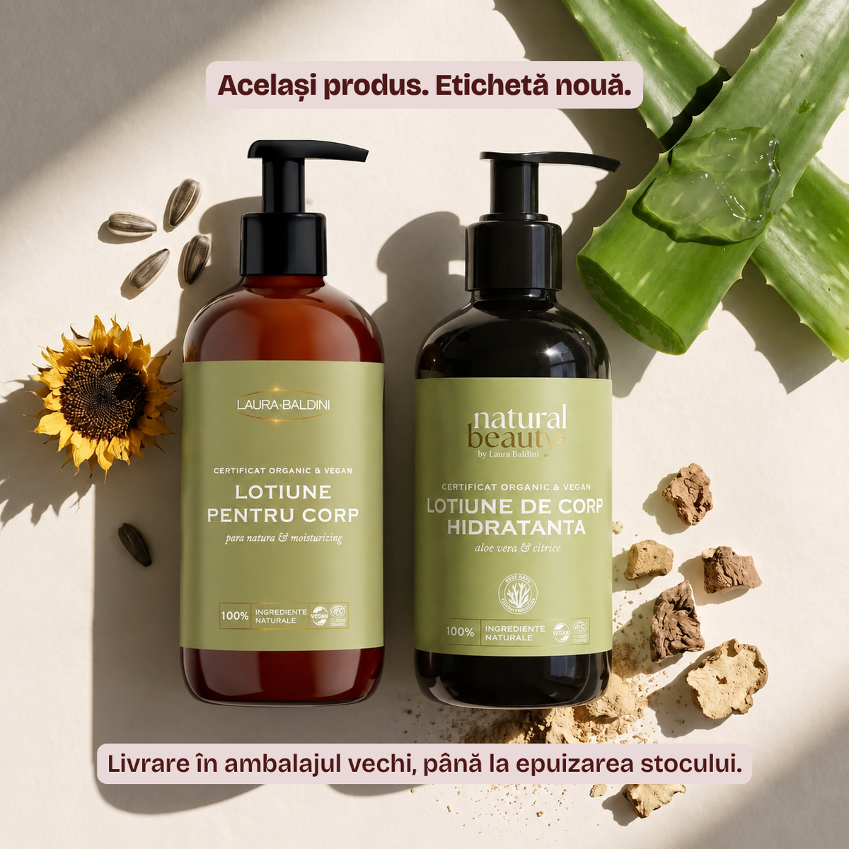Vechiul și noul design de etichetă pentru Loțiunea de Corp Hidratantă Natural Beauty by Laura Baldini, campania Zero Risipă