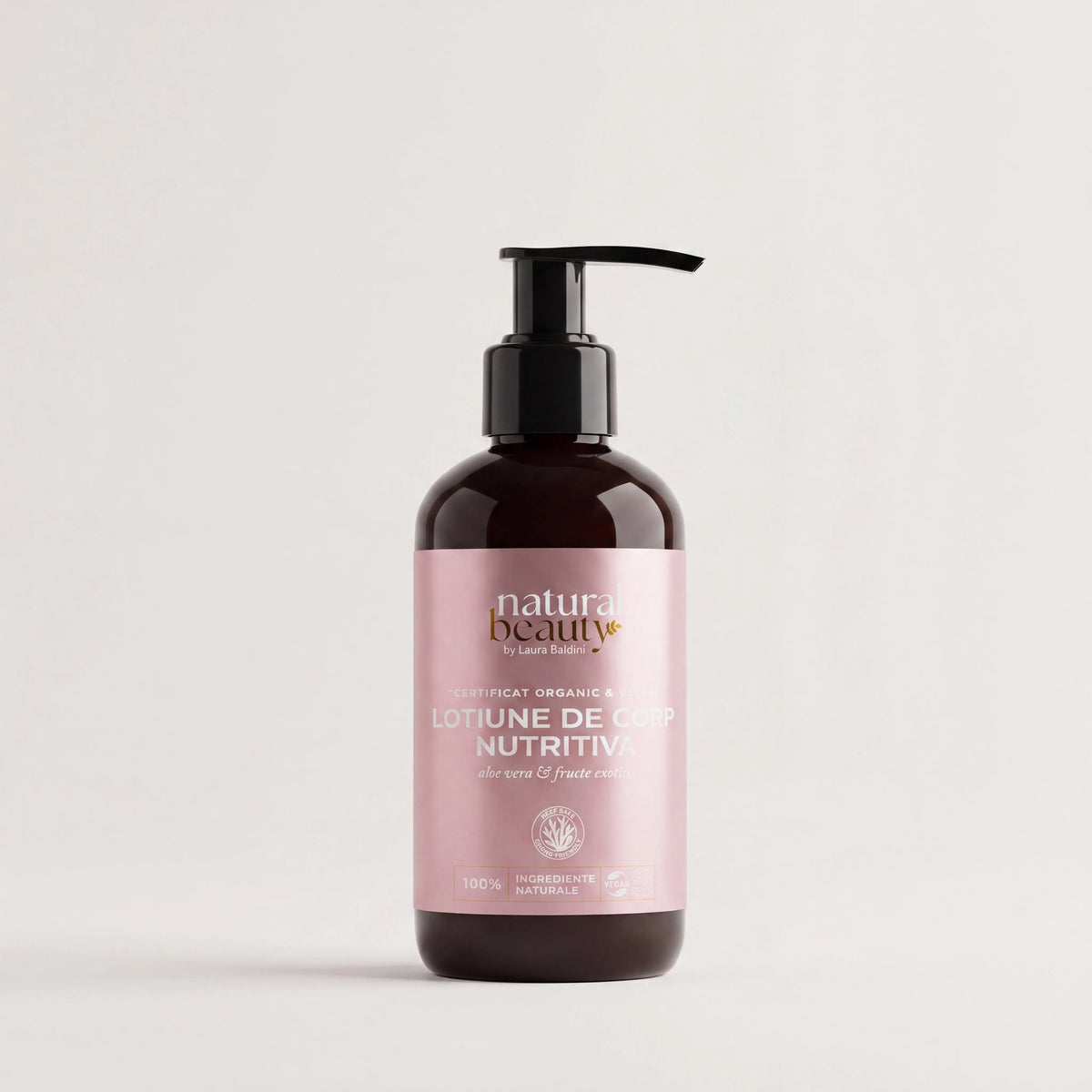 Flaconul Loțiunii de Corp Nutritive cu aloe vera și fructe exotice, Natural Beauty by Laura Baldini, pe fundal neutru