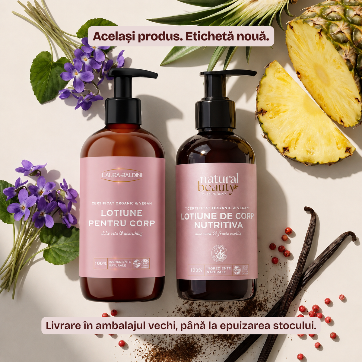 Vechiul și noul design de etichetă pentru Loțiunea de Corp Nutritivă Natural Beauty by Laura Baldini, campania Zero Risipă