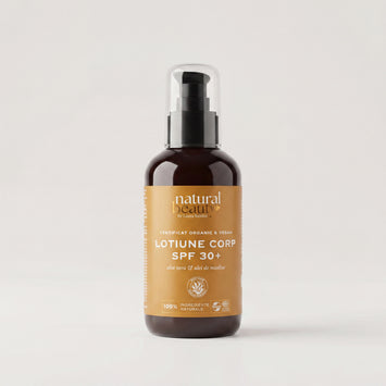 Sticlă cu loțiune de corp SPF30+ Golden Hours, cu aloe vera și ulei de măsline, Natural Beauty by Laura Baldini