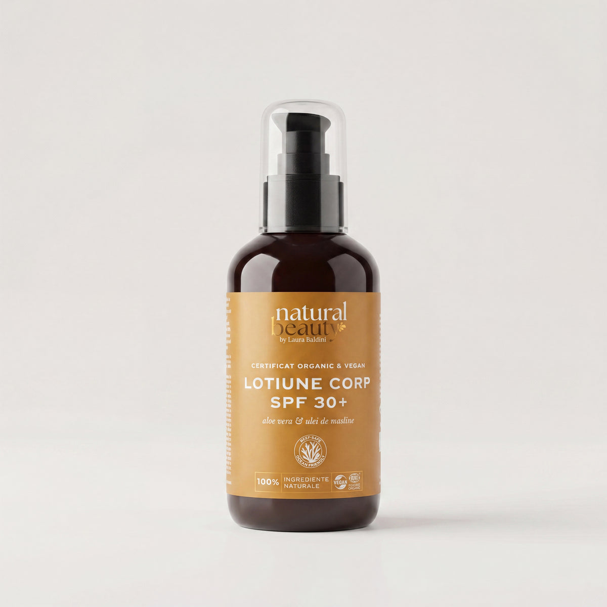 Sticlă cu loțiune de corp SPF30+ Golden Hours, cu aloe vera și ulei de măsline, Natural Beauty by Laura Baldini
