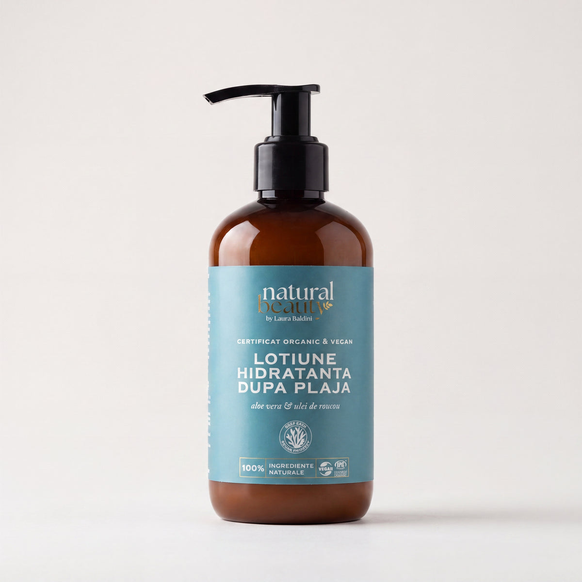 Sticlă cu loțiune hidratantă după plajă, cu aloe vera și ulei de Roucou, Natural Beauty by Laura Baldini
