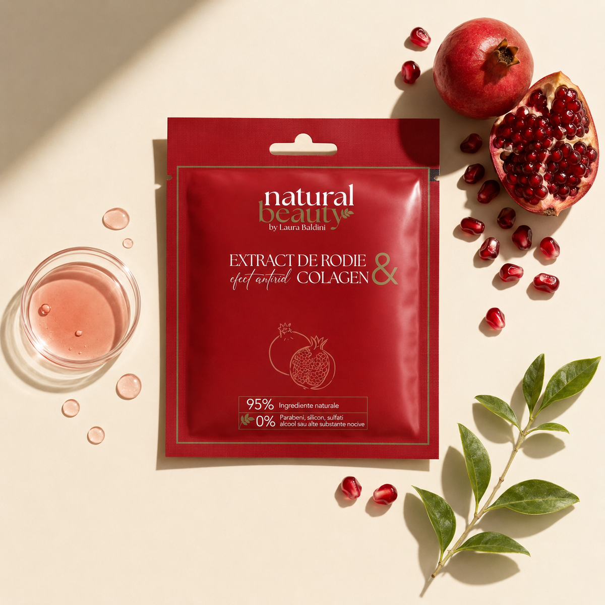 Plicul Măștii Servetel antirid cu extract de rodie și colagen, încadrat de rodii și picături de ser, Natural Beauty by Laura Baldini