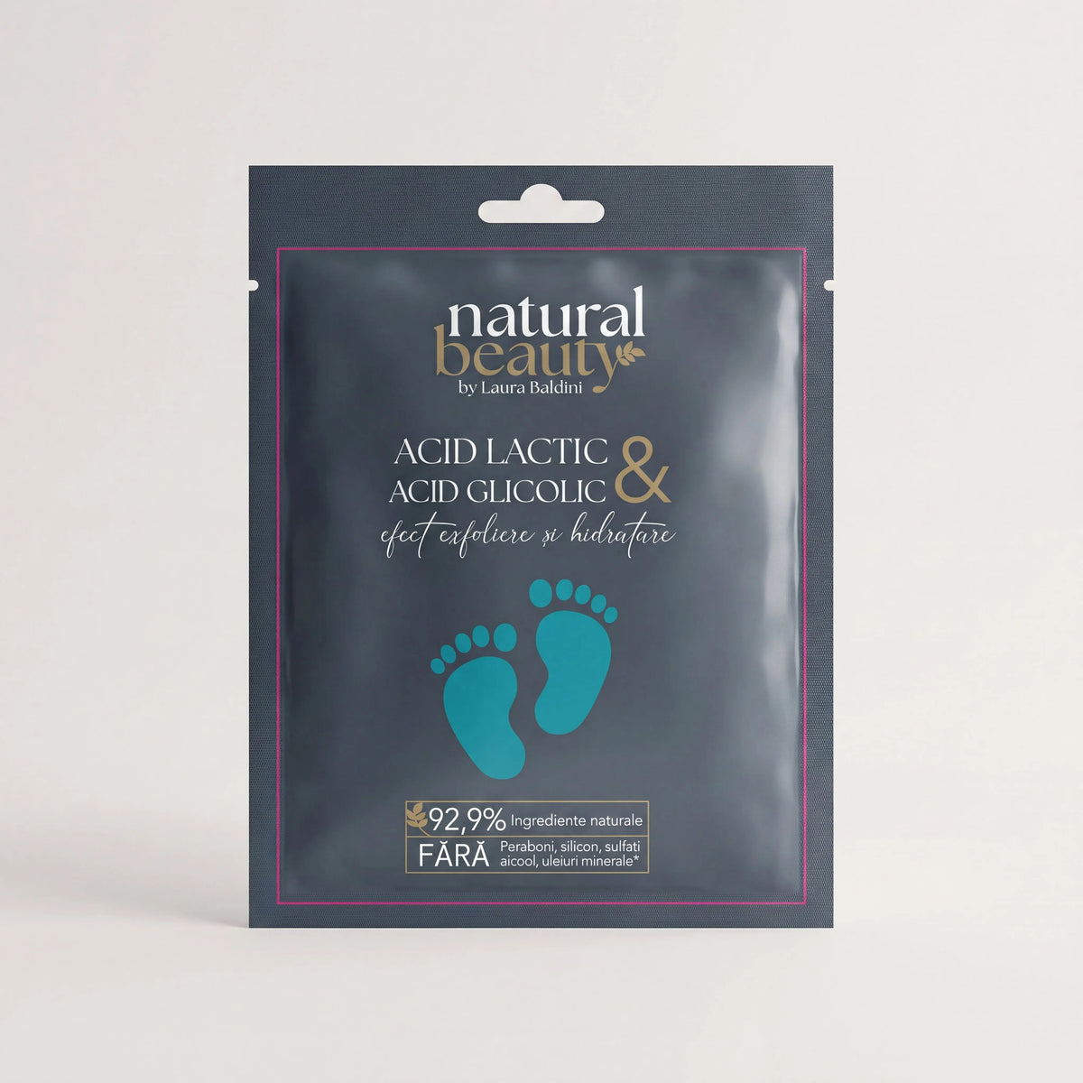 Plicul Măștii Servetel Exfoliante cu acid lactic și acid glicolic, Natural Beauty by Laura Baldini, pe fundal neutru