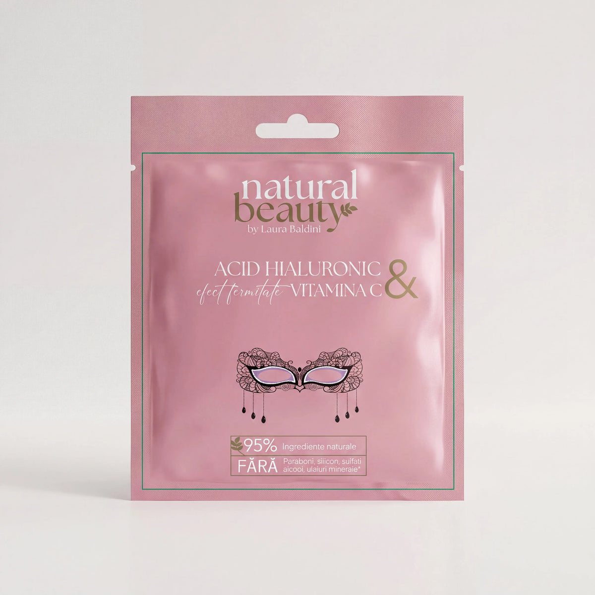Plicul Măștii Servetel cu acid hialuronic și vitamina C, ilustrat cu o mască venețiană, Natural Beauty by Laura Baldini.