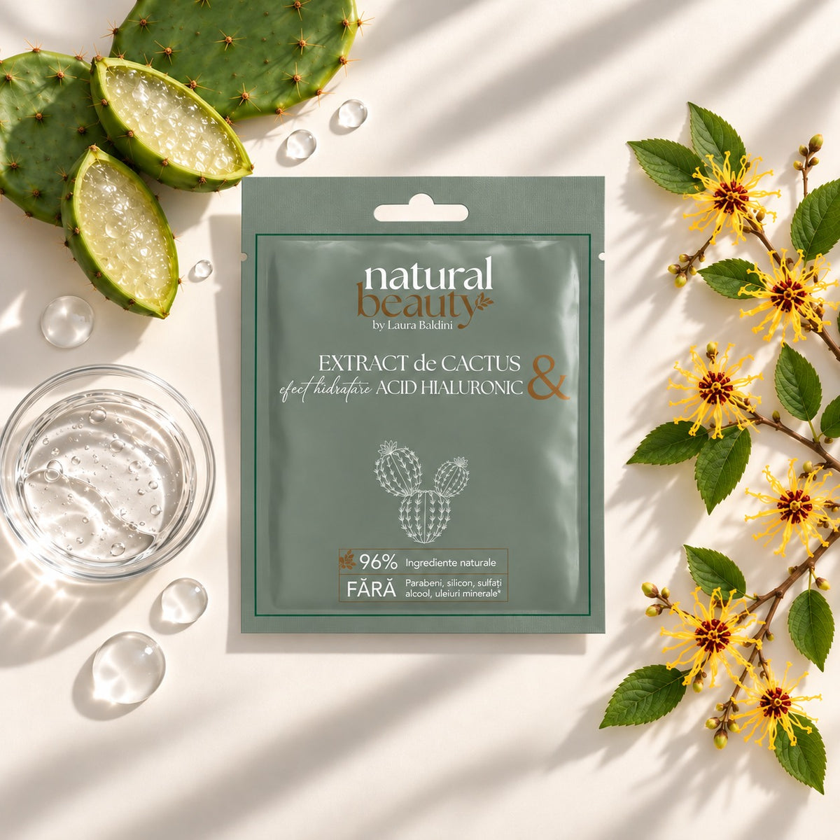Plicul Măștii Servetel cu extract de cactus și acid hialuronic, incadrat de cactus, aloe vera si acid hialuronic,  Natural Beauty by Laura Baldini