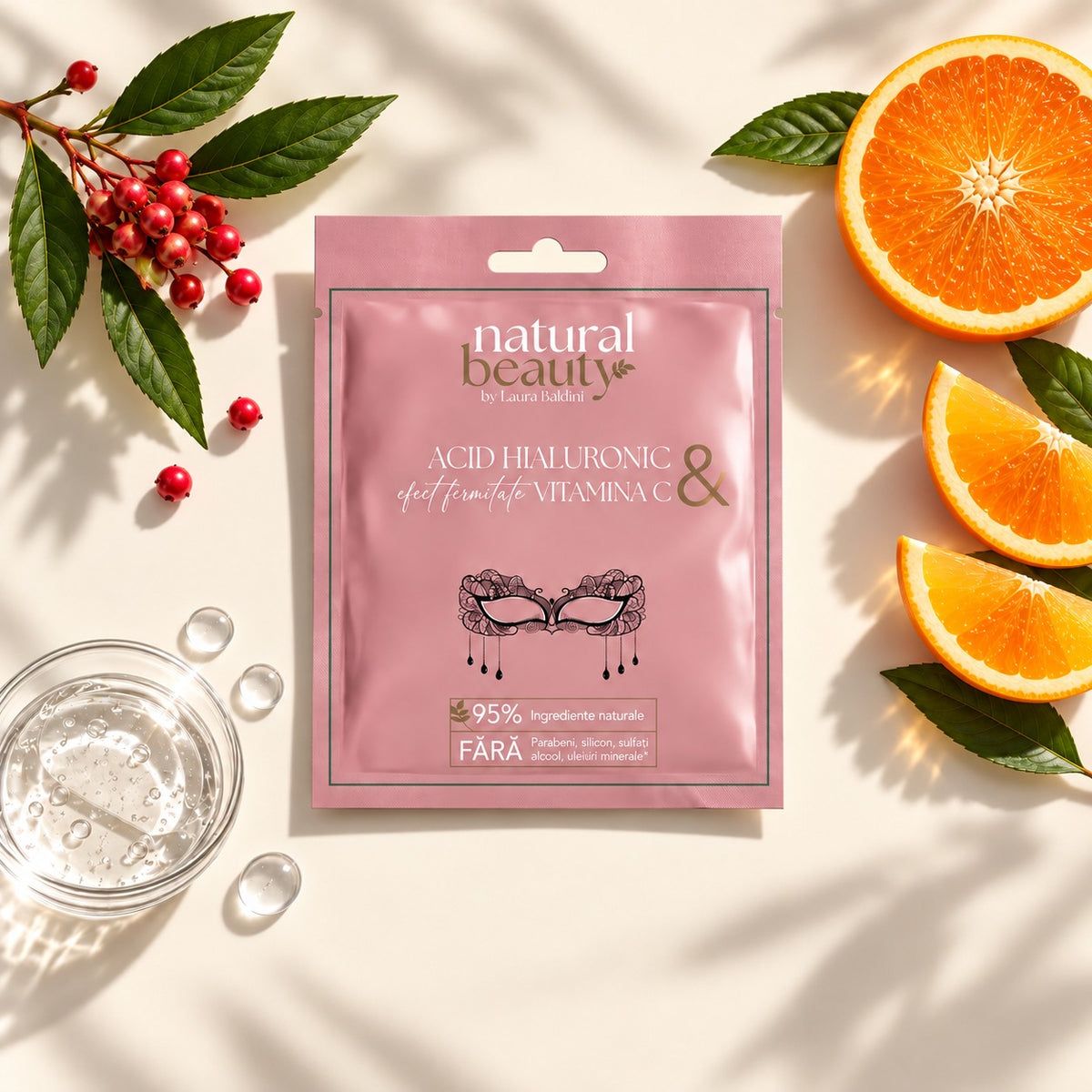 Masca servetel Natural Beauty cu acid hialuronic cu efect de fermitate si vitamina C, inconjurata de ingrediente.