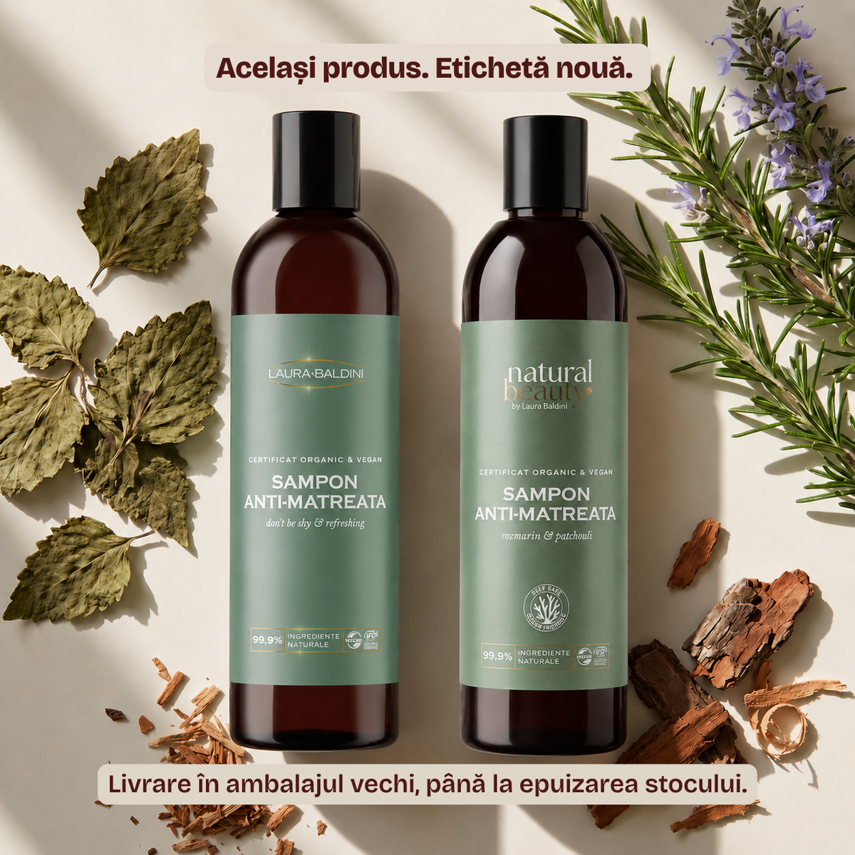 Campania Zero Risipă, șampon anti-mătreață Natural Beauty by Laura Baldini, vechiul și noul design de etichetă alături