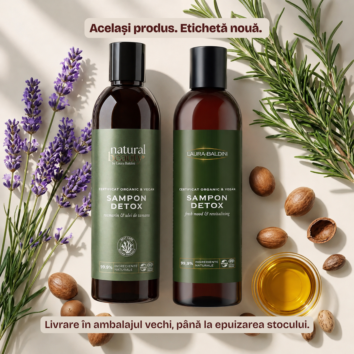 Șampon Detox Natural Beauty by Laura Baldini, ediția actuală, campania Zero Risipă, alături de lavandă, rozmarin și nuci de argan