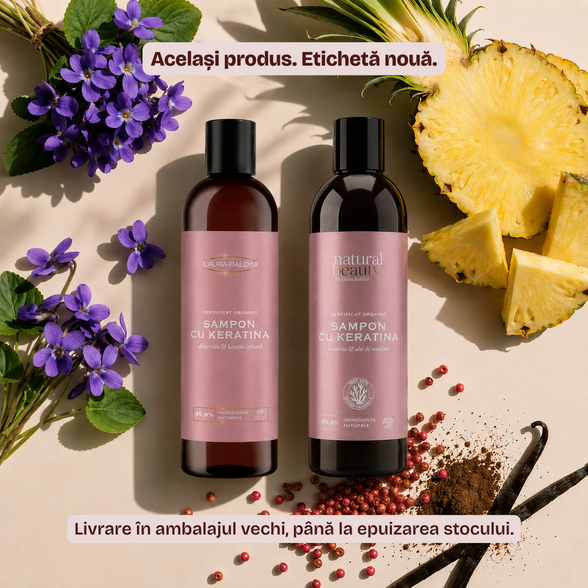 Campania Zero Risipă, șampon cu keratină Natural Beauty by Laura Baldini, vechiul și noul design de etichetă alături
