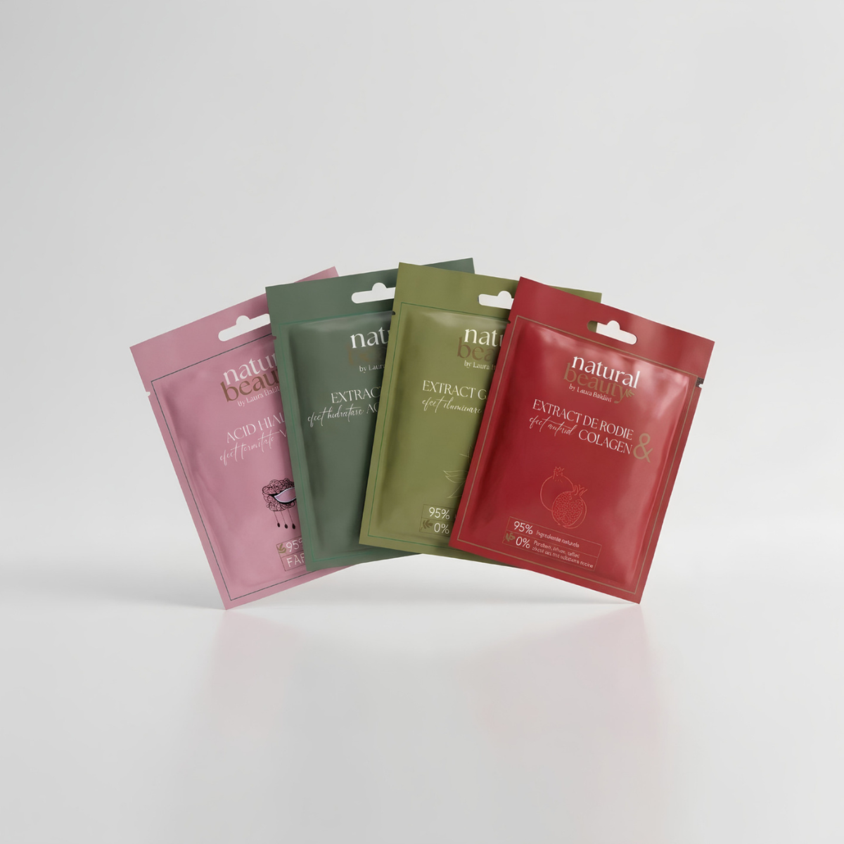 Set de patru măști servetel Natural Beauty, cu ambalaje roz, verde închis, verde deschis și roșu